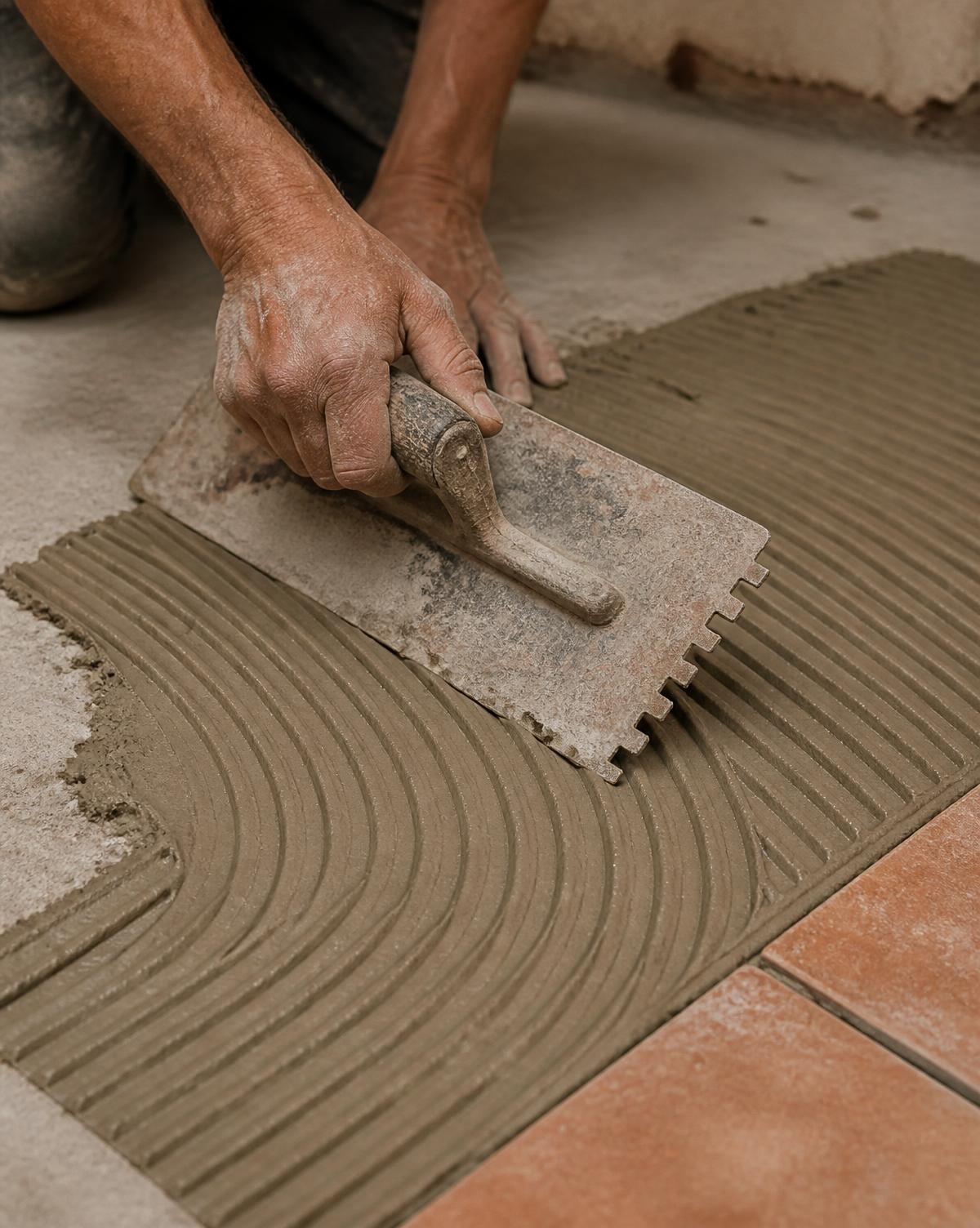 Application de la colle à la truelle crantée avant la pose du carrelage
