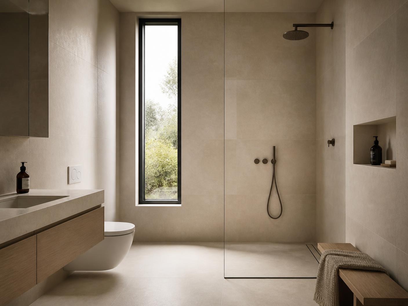 Salle de bain rénovée à Nyon, grès cérame beige grand format